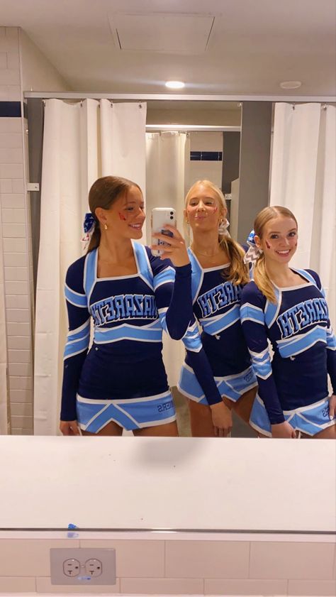 Cheer Uniforms High School, Highschool Cheer Uniforms, Cute Cheer Uniforms, School Cheer Hairstyles, Cheer Makeup High School, Cheer Pics Poses, High School Cheerleading Pictures, Middle School Cheerleader, School Cheer Aesthetic