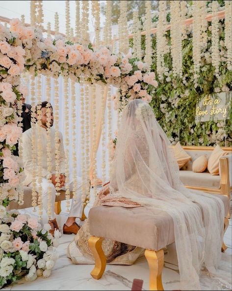 its a love story ✨ Nikah Photoshoot Pakistan, Outdoor Nikkah Ceremony, Nikkah Setup Outdoor, Pakistani Outdoor Wedding, Desi Wedding Inspiration, Backyard Nikkah Decor, Pakistani Wedding Flowers, Pink Nikkah Decor, Wedding Decor Pakistani