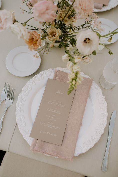 Wedding Dinner Napkin Ideas, Sage And Blush Table Setting Wedding, Light Pink Napkins Wedding, No Charger Table Setting, Neutral Charger Plates, Charger Plate Set Up, Wedding Table Neutral, White Chargers Wedding, Blush Tablescape Wedding