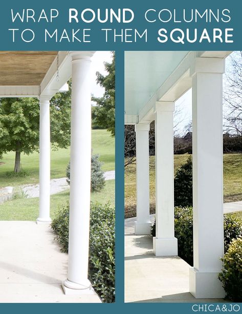 See how to transform your found porch columns into square ones without any demo work. @homedepot Diy Exterior Columns Porch Posts, Deck Columns Porch Posts, Front Porch Wood Columns Farmhouse, How To Update Columns On Porch, Diy Front Porch Column Wraps, Update Pillars On Front Porch, Porch Columns Makeover Wood, Redo Porch Columns, Porch Support Ideas