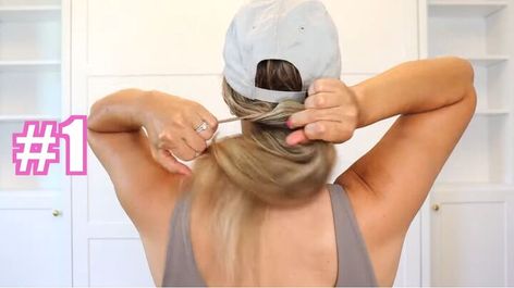 This guide shares 4 cute hat hairstyles. Learn some baseball cap hat hairstyles in this step-by-step tutorial. Ponytail Styles With Hat, Hairstyle With A Hat Baseball Caps, Disney Hairstyles With Hat, Ponytail For Hats, Long Hairstyles For Hats, Claw Clip And Baseball Cap, Baseball Hat And Hair Clip, Ways To Wear Baseball Cap, Hair Up With Baseball Hat