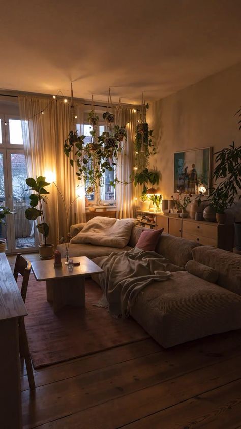 Cute Comfy Living Room Ideas, Cute House Living Room, Cheap Flat Decorating Ideas, Apartment Living Room Designs Cozy, Nature Themed Apartment, Home Decor Black Furniture, Cozy Furniture Living Room, Modern Plant Living Room, Indie House Aesthetic