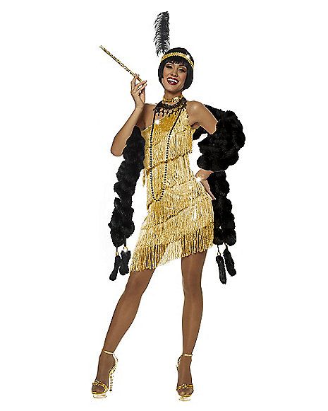 Adult Gold Dazzling Flapper Costume - Spirithalloween.com Gold Flapper Costume, Estilo Charleston, Flapper Girl Dress, Flapper Girl Costumes, Gatsby Party Outfit, Gatsby Outfit, Flapper Costume Halloween, Flapper Halloween, Gold Flapper