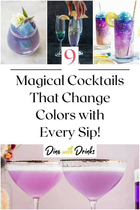 Collage of 4 color changing cocktails. Enchanted Forest Drink Ideas, Cool Looking Cocktails, Psychology Themed Cocktail, Fun Drink Ideas Alcohol, Dnd Themed Drinks, Themed Cocktails Party Ideas, Purple Party Drinks, Color Changing Cocktails, Themed Cocktails Recipes