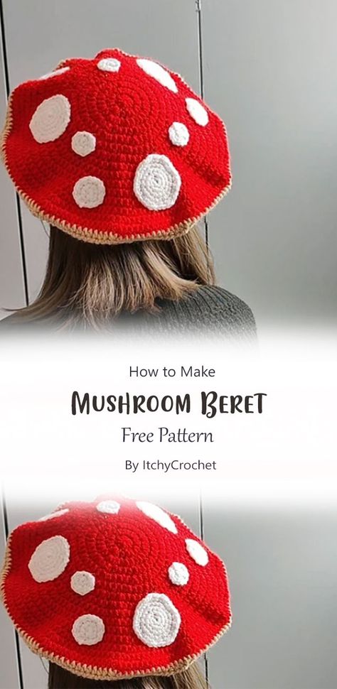 Another simple yet cute design for you that will look adorable! This pattern by ItchyCrochet and it’s very easy to follow along. Couture, Amigurumi Patterns, Color Work Crochet Patterns, Beret Crochet Pattern Free, Mushroom Amigurumi, Crochet Beret Pattern, Mushroom Hat, Crochet Baby Hat, Crochet Mushroom