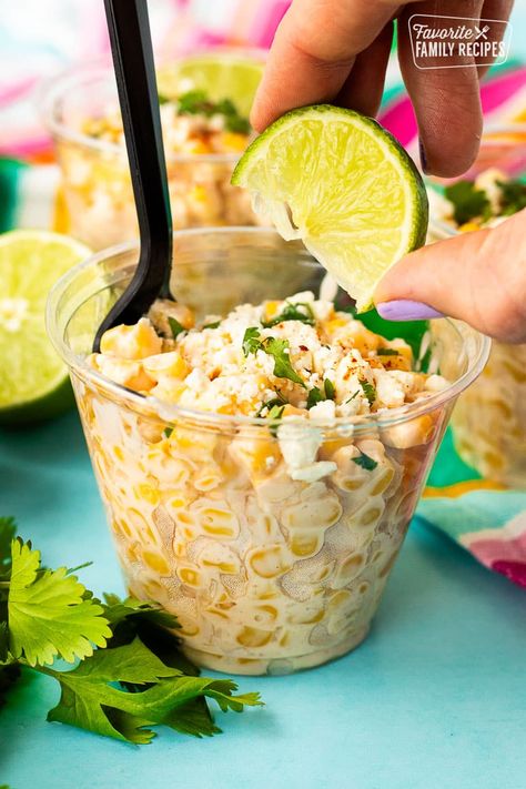 This elote in a cup is an explosion of all the classic Mexican street corn flavors but served in a cup for easier eating. Street Corn Cups, Corn Flavors, Esquites Recipe, Mexican Birthday Party, Corn In A Cup, Elote Recipe, Recipe Mexican, Mexican Snacks, Cotija Cheese