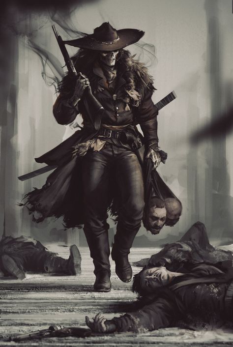 ArtStation - "BOUNTY HUNTER" , Denys Tsiperko Western Gunslinger Art, Cowboy Character Design, Western Artwork, West Art, Vampire Hunter, Cowboy Art, Fantasy Warrior, Arte Fantasy, Bounty Hunter