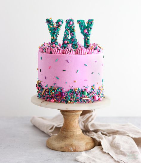 DIY Sprinkle Letter Cake Toppers - Sugar & Sparrow Ombre Cake With Sprinkles, Celebration Cake Design, 2024 Cake Ideas, Surprise Cake Inside Candy, Bright Color Birthday Cake, Cake Decorating With Sprinkles, Cake Decorating Birthday Party, Single Layer Birthday Cake, Number 6 Birthday Cake