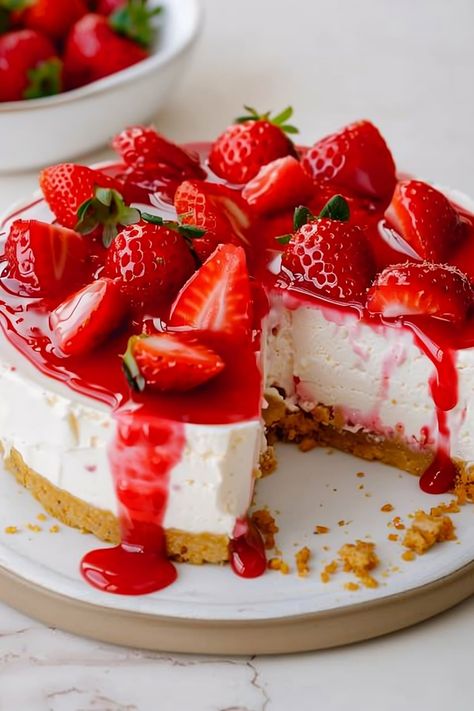 The next time you need a sweet treat to impress, make this stunning strawberry cheesecake recipe. It's rich, creamy, and delightfully decadent. Cheesecake With Fresh Strawberries, Cheesecake With Strawberry Sauce, Strawberry Jelly Cheesecake, Strawberry Baked Cheesecake, Home Made Cheesecake Recipe, Fruits Dessert Recipes, Strawberry Gateau Cake, Chocolate Strawberry Mousse Cake, Strawberry Cheesecake Recipes Easy Homemade