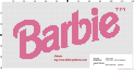 barbie cross stitch | Description: Barbie logo free cross stitch pattern, 103x47 stitches ... Cross Stitch Barbie, Barbie Grid Pattern, Barbie Pixel Grid, Barbie Cross Stitch Pattern, Barbie Embroidery, Free Cross Stitch Pattern, Free Cross Stitch Patterns, Patterns Simple, Barbie Logo