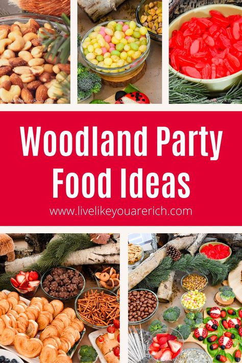 Take your woodland party to the next level with these adorable and delicious food ideas! From pretzel sticks for twigs, gummy worms, cinnamon bears, bird eggs, fruits, nuts, and mushrooms, your guests will love these nature-inspired treats. Check out more on the blog. Woodland Forest Theme Party, Woodland Animals Food Ideas, Food Ideas For Woodland Theme Party, Nature Theme Food Ideas, Forrest Theme Baby Shower Ideas, Enchanted Forest Party Food Ideas, Woodland Sandwiches, Woodland Finger Foods, Forest Animal Birthday Party Decoration