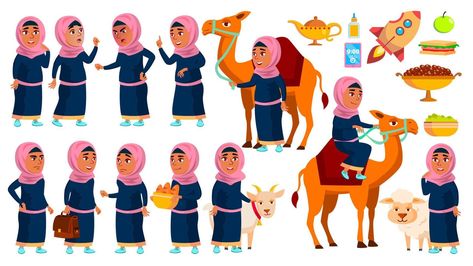 Arab, Muslim Girl School, Girl Kid Poses Set Vector. Primary School Child. Study. Knowledge, Learn, Lesson. Camel, Sheep, Goat. For Traditional Clothes. Isolated Cartoon Illustration Clothes Cartoon, Girl School, Girl Kid, Muslim Girl, Traditional Clothes, Muslim Girls, Cartoon Illustration, Primary School, Design Bundles