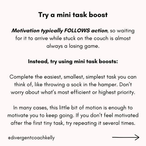 If you're feeling stuck, these strategies can help. The mini task boosts work the best for me. But not all strategies will work for all people, and some strategies will work great one day but not work at all the next. That's why it's helpful to have a bunch of different tools you can pull from when you're suffering from ADHD paralysis. . . . . . . #adhd #audhd #neurodivergent #adhdawareness #adhdmemes #adhdwomen #adhdsupport #adhdbrain Mindfulness, One Day, Feelings, Task Paralysis, Todo List, Feeling Stuck, The Next, Healing, Tools