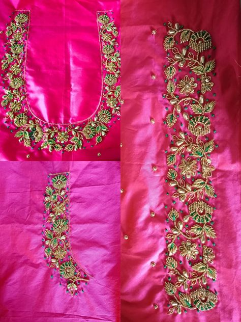 Short Hands Maggam Work, Pink Aari Work Blouse Designs, Green Blouse Designs, Pink Blouse Designs, Blue Blouse Designs, Latest Bridal Blouse Designs, Aari Design, Mirror Work Blouse Design, Aari Blouse