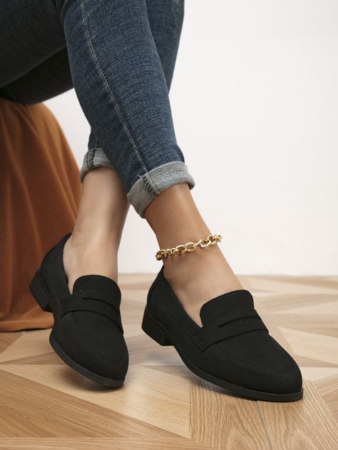 Black Cool Collar   Plain Loafers Embellished   Women Shoes Fall Flats Outfit, Mocassin Outfit, Comfortable Office Shoes, Casual Office Shoes, Business Casual Flats, Suede Loafers Women, Black Formal Shoes, Black Loafer Shoes, Comfortable Work Shoes