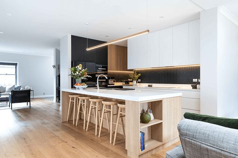 White And Timber Kitchen, Elegant White Kitchen, White Kitchen Cupboards, White Kitchen Countertops, Lights Over Kitchen Island, Timber Kitchen, Kitchen Island Bench, Modern Kitchen Island, White Kitchen Decor