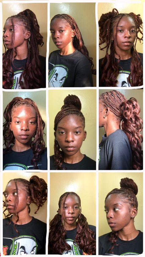 Homecoming Hairstyles Box Braids, Hairstyles With Braids With Curls, Protective Hairstyles Braids Big Forehead, Styling Box Braids With Curly Ends, Cool Box Braid Hairstyles, Hairstyles For Medium Length Box Braids, 70s Box Braids Hairstyles, Styles For Box Braids With Curls, Cute Braid Ideas Black Women