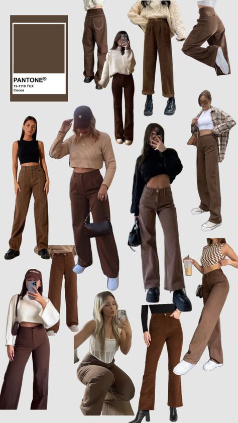 #brownoutfit #brownaesthetic #browndenim Outfit With Brown Pants Womens, What To Wear With Brown Trousers, Brown Jeans Style, Outfits With Brown Pants Aesthetic, Brown Courdory Pants Outfit Y2k, How To Style Brown Cargo Pants Women, Style With Brown Pants, Outfit With Brown Trousers, Jeans Combinations Women