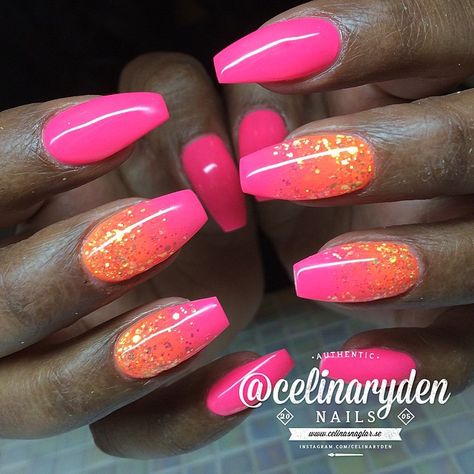 Neon Pink and Orange Gradient Ballerina Nails With Glitter. Orange Peach Nails Design, Bright Yellow And Pink Nails, Nail Designs Summer Glitter, Neon Nails Dip, Neon Color Acrylic Nails, Peach Nail Design Ideas, Easy Neon Nails, Summer 2024 Nail Designs, Orange Pink Summer Nails