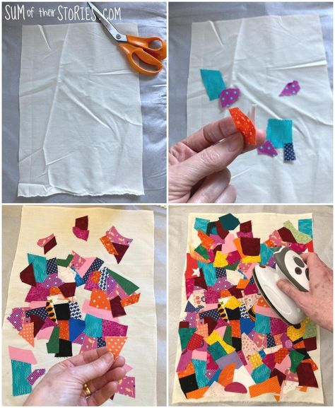How to make beautiful useable cloth from tiny fabric scraps — Sum of their Stories Craft Blog Upcycling, Creating Fabric From Scraps, Making Fabric From Scraps, Tiny Fabric Scraps Ideas, Make Fabric From Scraps, Upcycle Fabric Scraps, Crafts With Fabric Scraps No Sew, Scrap Projects Fabric, Scrap Fabric Art