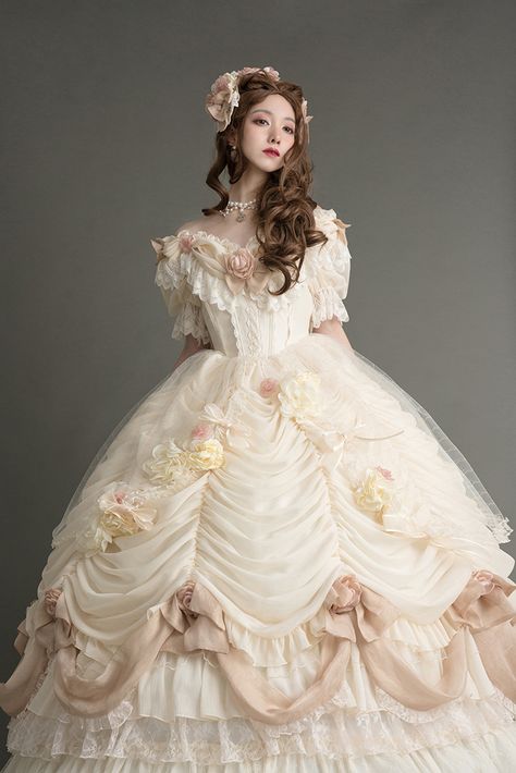 Henrietta -The Romantic Rose- Lolita OP Dress Set (1 OP dress + 1 Headband) Royaltycore Dress, Tumblr, Victorian Quinceanera Dresses, Big Dresses Gowns, Royalty Dresses Gowns, Victorian Dresses Gowns, Princess Dress Design, Gaun Ruffle, Victorian Dress Gown