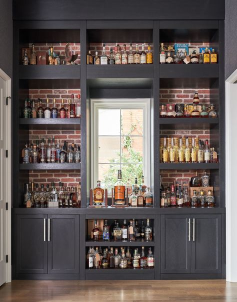 Built In Bar On Large Wall, Bar Ideas For Home With Tv, Moody Bar Room, Small Bar Area In Living Room, Bar Room Ideas In House, Bar Lounge Room Ideas, Bookshelf Bar, Bar In Living Room, Home Lounge Room Bar