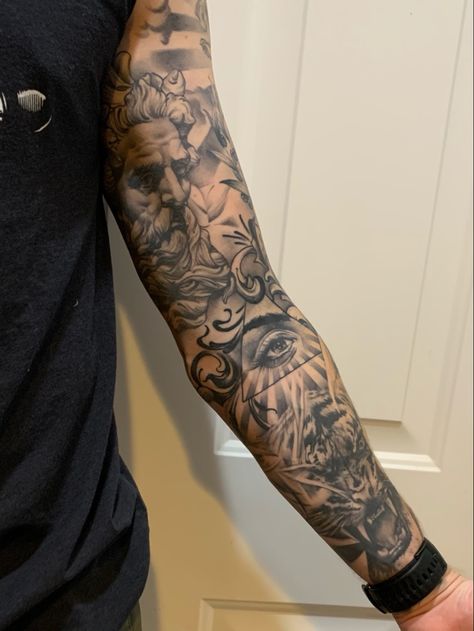 Godly Sleeve Tattoos For Guys, Full Sleeve Tattoos For Guys Black, Half Sleeve Tattoos For Men Lower Arm, Tato Flash, Voll Arm-tattoos, Black And Grey Tattoos Sleeve, Black Men Tattoos, Half Sleeve Tattoos Forearm, Realistic Tattoo Sleeve