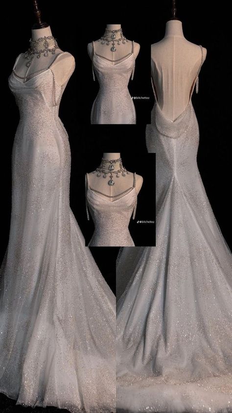 #weddingdresses Wedding Dress Lana Del Rey, Gowns Aesthetic Ball, Silk Champagne Wedding Dress, Cat Woman Wedding Dress, Wedding Dresses Magical, Suit Like Dress, Long Elegant Wedding Dresses, Drop Back Dress, White Prom Dresses Aesthetic