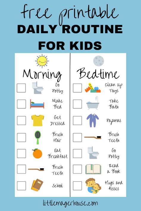 Give your kids the independence they need with this FREE kids daily routine printable checklist. With cute pictures to guide them through morning and bedtime routines.  . . . #kidprintables #freeprintable #dailychecklist #kidsdailyroutine #kidsroutine #printableroutine #printable #kidsroutineprintable #kidsroutinechecklist Picture Morning Routine Chart, Picture Daily Routine, Preschooler Morning Routine Chart, Diy Bedtime Routine Chart, Free Bedtime Routine Printable, Morning And Bedtime Routine Chart, Kids Bedtime Routine Chart, Bedtime Checklist For Kids, Kids Morning Routine Chart Printables