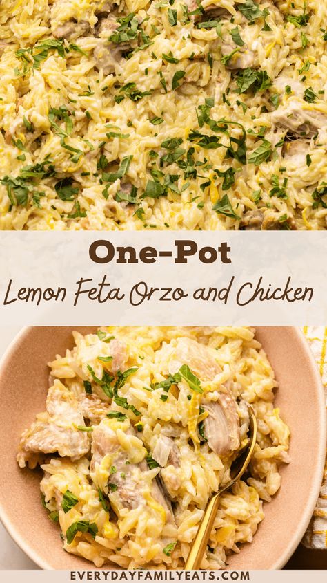 This Lemon Chicken Orzo Pasta with feta and zucchini is a creamy one-pot meal that can be ready in about 30 minutes and is perfect for busy weeknights. Mediterranean Chicken And Orzo Recipes, Feta Lemon Chicken, Orzo Chicken Spinach Recipes, One Pan Chicken Feta Orzo, Lemon Orzo Pasta With Chicken, Chicken Feta Orzo Bake, Orzo With Feta Cheese, Chicken Feta Orzo, Lemon Orzo Chicken Salad