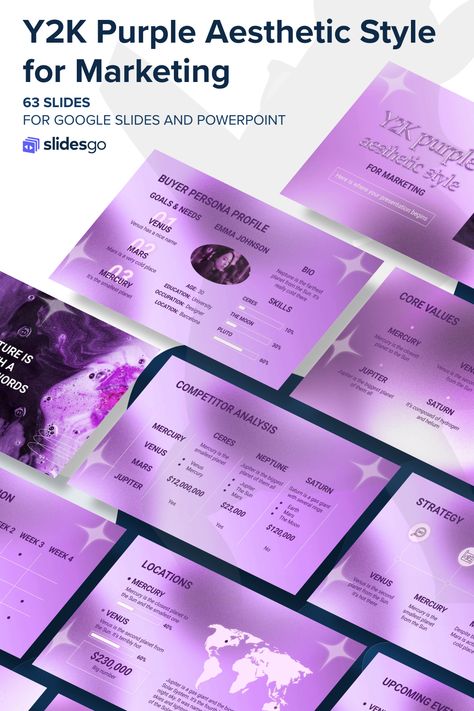 Present your marketing strategy with this template that has a Y2K purple aesthetic style, and stand out in your market. Available for Google Slides and PPT Purple Powerpoint Template, Y2k Ppt Template, Purple Presentation Design, Y2k Powerpoint Template, Free Ppt Templates Aesthetic, Y2k Marketing, Y2k Powerpoint, Slide Template Aesthetic, Y2k Presentation