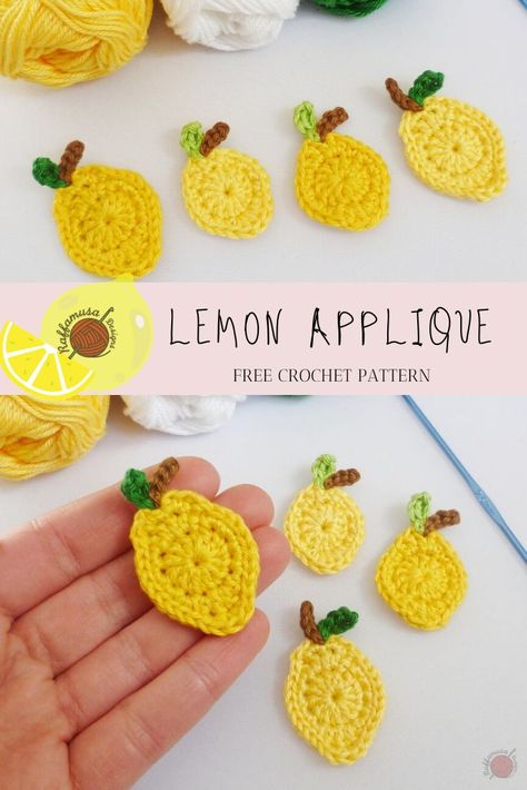 A fun crochet lemon applique pattern that comes in a small and large size. Crochet one lemon to applique on your summer makes, kitchen decor, or anything yarn! #crochet #lemon #applique #crochetapplique #crochetfood #crochetlemon #embellishment #uncinetto #haken #ganchillo #pattern #free #freecrochet #freecrochetpattern #crochetappliques #tuttifrutti #limone #fruit #crochetfruit #tejer Lemon Applique, Lemon Crochet, Crochet Lemon, Fruit Pouches, Crochet Applique Patterns Free, Buat Pita, Crochet Fruit, Printable Sewing Patterns, Crochet Design Pattern