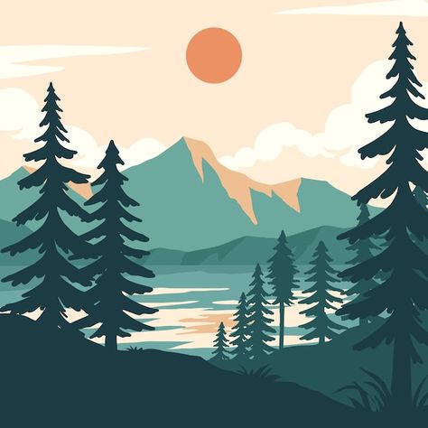 Free vector flat design muted colors ill... | Free Vector #Freepik #freevector #flat-nature #illustrations #hand-drawn-tree #hand-drawn-illustration Paw Print Background, Baby Room Paintings, Colors Illustration, The Great Mouse Detective, Mountain Background, Mountain Illustration, Nature Vector, Vector Trees, Forest Illustration