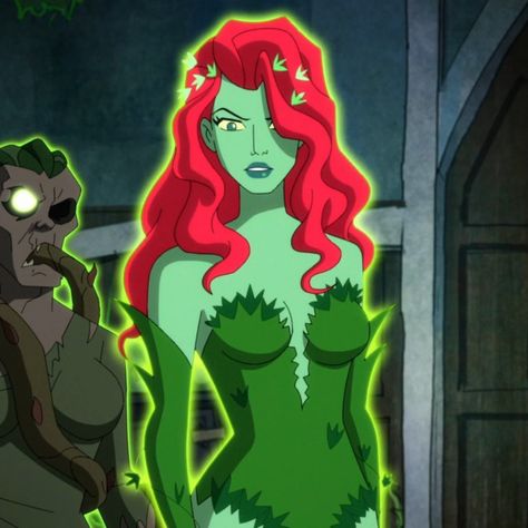 Poison Ivy Green Skin, Posion Ivy Fan Art, Posion Ivy Outfits, Poison Ivy Asthetic, Movie Characters With Red Hair, Poison Ivy Animated Series, Poison Ivy Wallpaper Aesthetic, Poison Ivy Aesthetic Cartoon, Poison Ivy Comic Icons