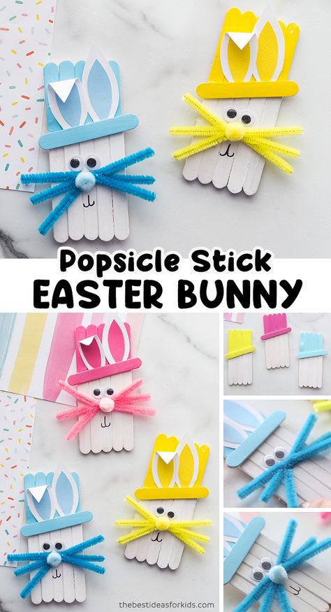 Popsicle Stick Easter Bunny - such a cute Easter craft for kids! Easy for preschool or kindergarten to make too! Classroom Crafts For Kids, Easter Class Party, Easy Easter Crafts For Kids, Easter Crafts Diy Kids, Easter Craft For Kids, Easter Classroom, Craft Easter, Bunny Craft, Easter Crafts For Toddlers