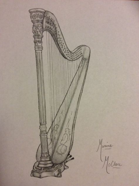 I love drawing harps... Harp Sketch, Music Instruments Drawing, Harp Drawing, Instruments Drawing, Instrument Drawing, Harp Art, Drawing Music, Music Themed Wedding, A Level Art Sketchbook