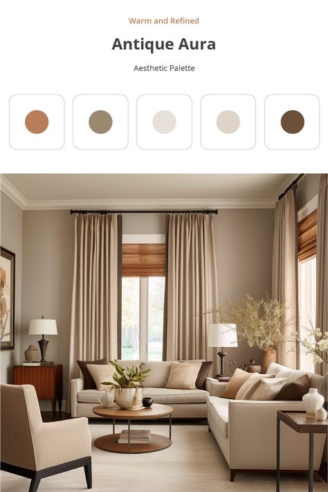 The Antique Aura color palette evokes an air of maturity and timelessness. A warm caramel tone exudes a rustic, cozy vibe. A muted shade of taupe adds balance to the palette. A very light shade of warm gray allows the other colors to shine. A light beige exudes a sense of comfort and warmth. A rich brown adds depth and strength to the palette. Brown Bedroom Ideas, Warm Living Room Colors, Taupe Living Room, Living Room Color Combination, Aura Color, Room Color Combination, Beige Room, Taupe Walls, Color Palette Living Room