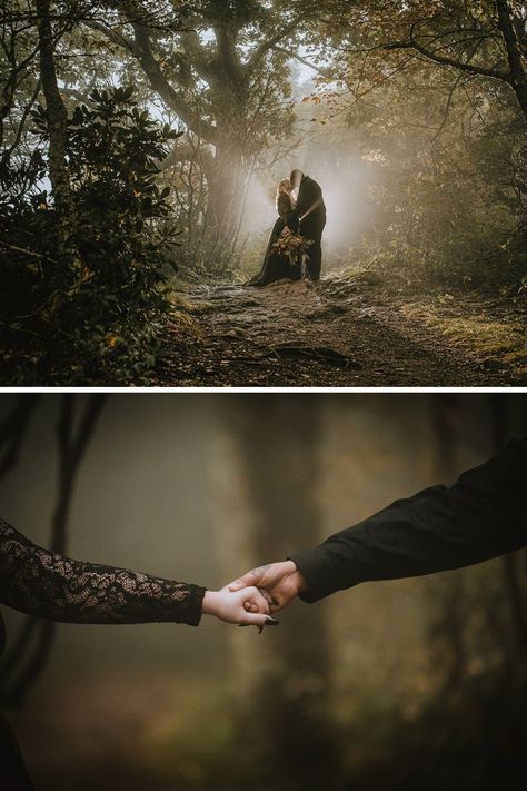 Elopement with a black wedding dress. Foggy moody elopement in Asheville NC. Elopement planning and photography by Legacy and Legend Co. All Inclusive elopement packages, photography, officiant, bouquet. Dark Romantic Photography, Spooky Wedding Pictures, Moody Fantasy Wedding, Gothic Wedding Poses, Moody Lesbian Wedding, Pagan Engagement Photos, Witchy Wedding Photography, Forest Couple Photoshoot Moody, Black Theme Engagement Photos