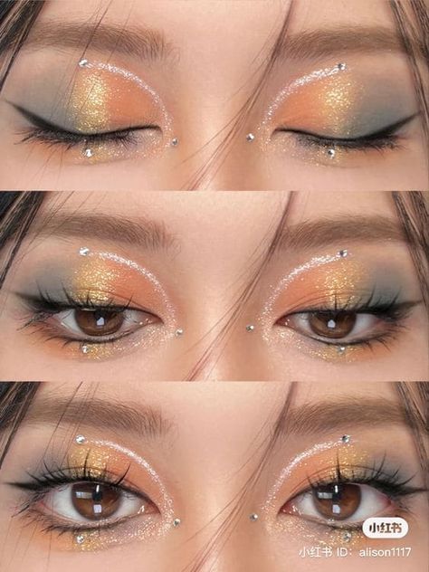 glitter eyeshadow look: orange and dark gray Makeup For Denim Outfit, Cute Makeup Ideas Aesthetic, Mint Green Eyeshadow Looks, Aura Makeup, Glitter Eyeshadow Looks, Maquillage On Fleek, Pretty Eye Makeup, Orange Makeup, Doll Eye Makeup