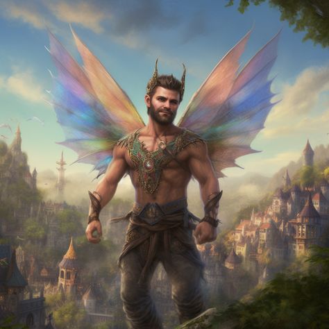 Created with Artificial Intelligence, this male fairy is soaring high over the fairy kingdom. Male Pixie Fantasy Art, Male Fairy Art, Fairy Barbarian, High Elf Male, Fae Male, Dnd Fairy, Male Fairies, Fairy Man, Male Art Model