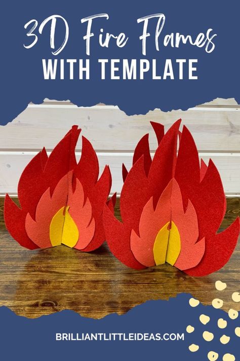 Easy DIY 3D Fire Flame with Printable Template can be made with felt, foam, or cardboard. Indoor pretend play campfire fun for kids. Great for a Fireman theme too. Cardboard Fire Flames, Campfire Prop Diy, Construction Paper Campfire, Diy Pretend Campfire, Diy Camp Fire Craft, Classroom Campfire Diy, Diy Fire Craft, Fake Fire Flames, Diy Kids Tent Indoor Easy