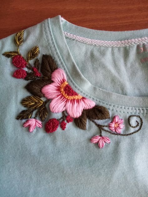 Embroidery|flat embroidery on T-shirts Tops Embroidery Designs, Hand Embroidery Top Designs, Knitting Embroidery Pattern, Embroidered Flowers On Shirt, Flat Embroidery Design, Shirt Flower Embroidery, Floral Embroidery On Clothes, Flower Embroidery On Shirt, Embroidery Designs For T Shirts