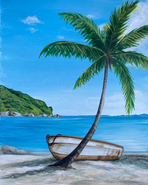 Beach Painting On Rock, How To Draw An Ocean, Easy Tropical Paintings, Tropical Island Drawing, Tropical Painting Easy, Seaside Drawing, Beach Paintings On Canvas Easy, Beach Drawing Easy, Tropical Painting Ideas