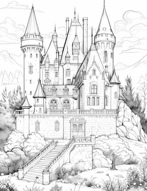 Realistic princess castle coloring page Disney Castle Coloring Page, Castle Coloring Page, Chibi Coloring Pages, Our Mindful Life, Castle Drawing, Small Castles, Fairy Castle, House Colouring Pages, Dark Castle