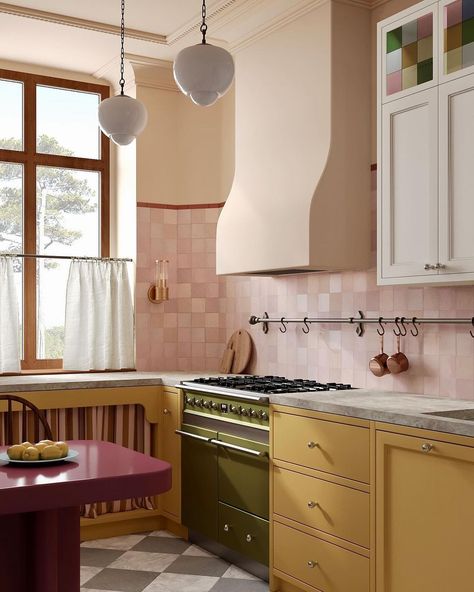 Glassette (@glassette) • Instagram photos and videos Quirky Kitchen Ideas, Pink And Yellow Kitchen, Yellow Cabinets, Bold Kitchen, Quirky Kitchen, Retro Appliances, Colour Set, Whimsical Heart, Charming Kitchen