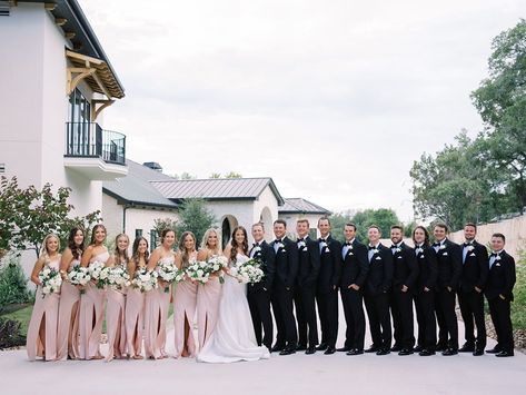 Blush Pink Bridemaid Dresses, Black Tux With Pink Accents, Uneven Wedding Party At Altar, Blush Pink Bridesmaids And Groomsmen, Black Blush And White Wedding, Black And Pink Groomsmen Attire, Blush Color Bridesmaid Dresses, Pink And Black Groomsmen Attire, Blush Wedding Party Groomsmen