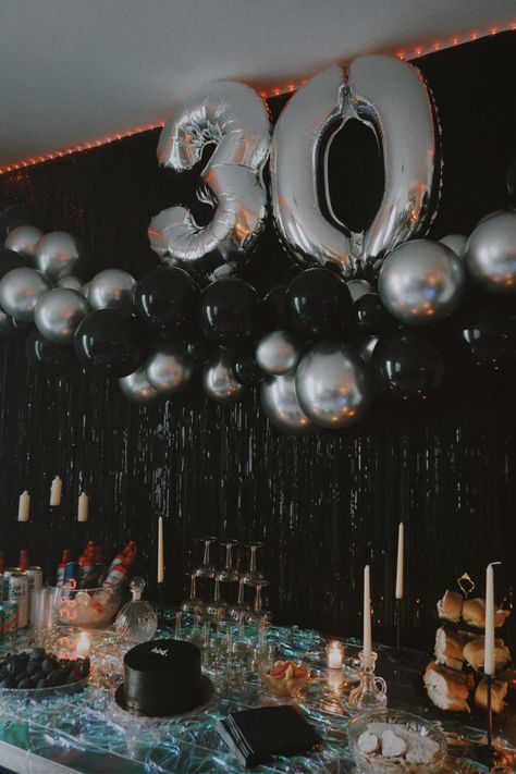 30 Rocks Birthday Ideas, Rip 20s Party Ideas, Midlife Crisis Theme Party, Black Theme Decoration, Rip To My Thirties Party, 30th Birthday Party Aesthetic, 29th Birthday Funeral, Rip 30th Birthday Party, Low Key 30th Birthday Ideas