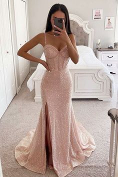 Pink Sparkly Prom Dress, Light Pink Prom Dress, Tight Prom Dresses, Sweep Train Prom Dress, Sparkly Prom Dresses, Trendy Prom Dresses, Prom Girl Dresses, Classy Prom Dresses, Senior Prom Dresses