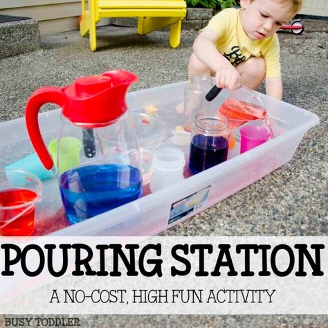 Pouring Station Activity for Toddlers - Busy Toddler Pouring Station, Easy Toddler Activities, Fun Activities For Toddlers, Station Activities, Life Skills Activities, Fun Summer Activities, Easy Toddler, Toddler Snacks, Easy Activities