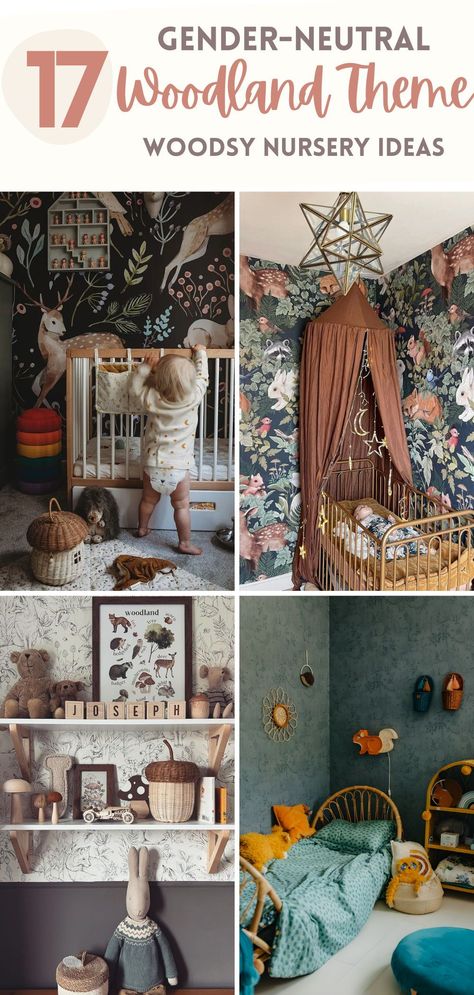 17 Gender Neutral Woodland Theme Woodsy Nursery Ideas that You will Love! From rustic wallpapers, to cool earthy toned canopy, animal plushies and lamps, we got you! #woodlandwonderland #whimsicalnursery #babyroom Secret Garden Themed Nursery, Whimsical Nursery Woodland, Whimsical Nursery Theme, Whimsical Garden Nursery, Woodsy Nursery Ideas, Fairytale Nursery Theme, Cozy Nursery Ideas, Rustic Nursery Ideas, Whimsical Baby Nursery